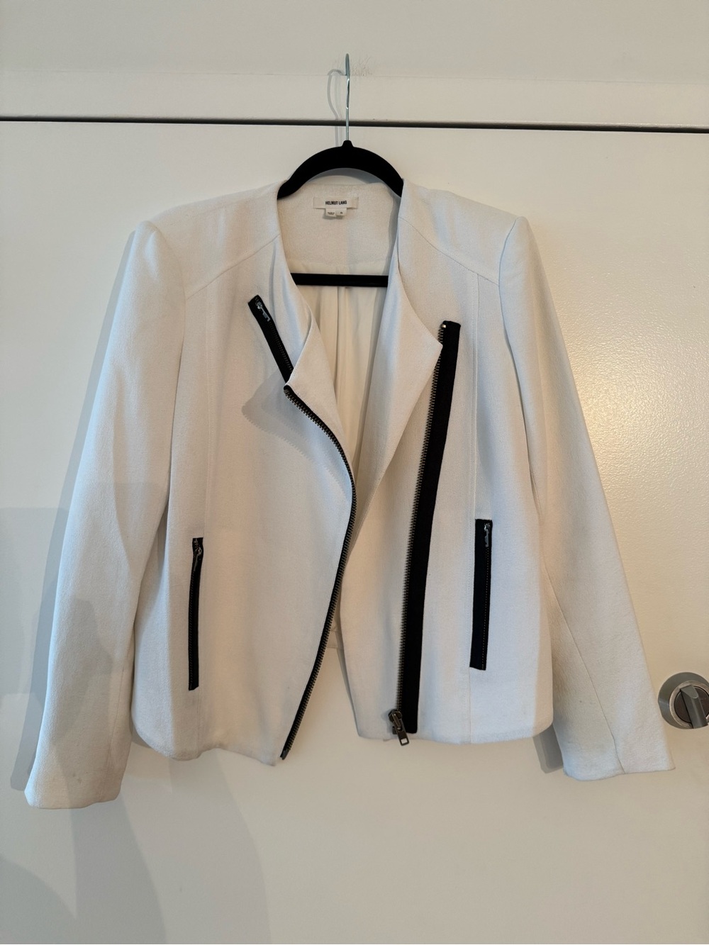 Helmut Lang Women’s White Moto Jacket with Black Zip Accents